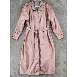 Womens Jacket Size 9/10 Pink Trench Coat Long Sleeve Belted Puff Sleeves Retro